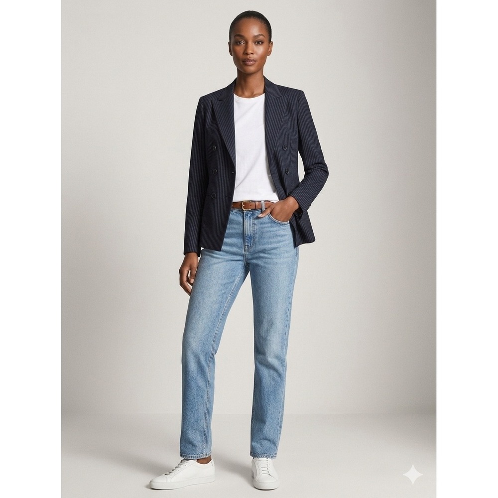 Theory Womens Double Breasted Pinstripe Blazer 10 Navy Blue Wool Professional